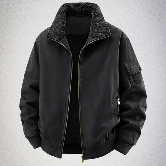 Donemore Men's Winter Fleece-Lined Thickened Solid Color Turn-Down Collar Pilot Jacket with Zipper Pocket Long Sleeve Casual No Hood Warm Outerwear