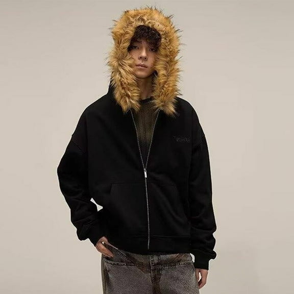 Donemore Men's Winter Jacket with Faux Fur Hood, Multiple Zipper Pockets, Long Sleeve Casual Outdoor Coat Windbreaker