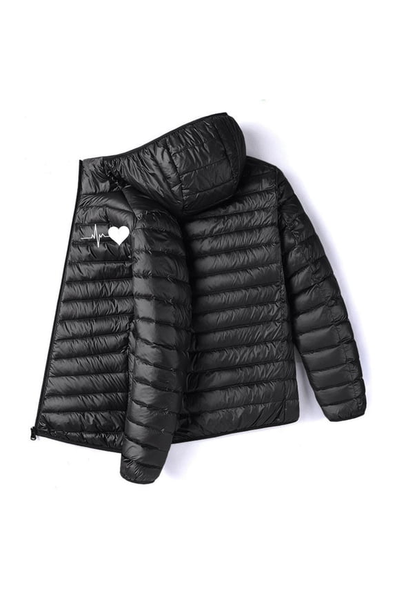 Men's Winter Warm Hooded Quilted Jacket Heart Print Casual Loose Fit Long Sleeve Cotton Coat