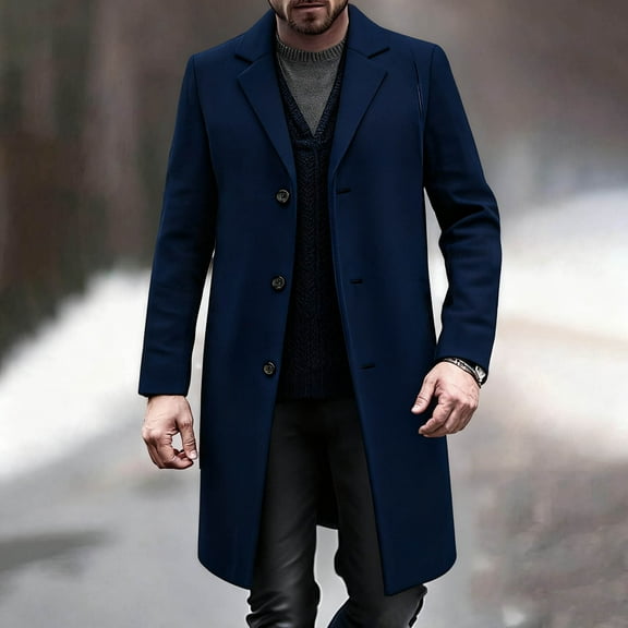 Donemore Men's Wool Blend Longline Overcoat Lapel Collar Button Pocket Casual Solid Coat