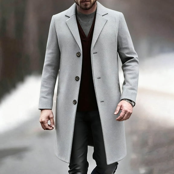Donemore Men's Wool Blend Longline Overcoat Lapel Collar Button Pocket Casual Solid Coat
