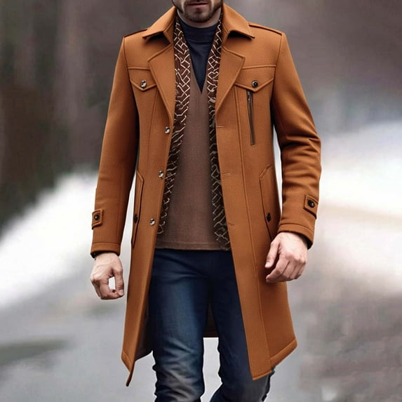 Donemore Men's Wool Blend Overcoat with Detachable Scarf & Multiple Pockets, Notched Collar Solid Color Trench Coat for Casual Outerwear