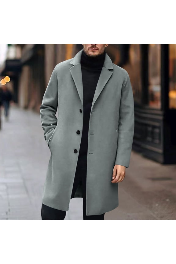 Men's Wool Mix-Blend Mid-Length Trench Coat with Notched Lapel, Button Closure & Multiple Pockets, Classic Solid Color Overcoat for Business Casual Wear