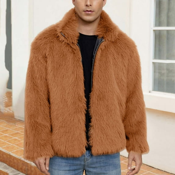Donemore Mens Winter Faux Fur Coat Jacket Warm Turn Down Collar Long Sleeve Solid Color Fashion Outerwear