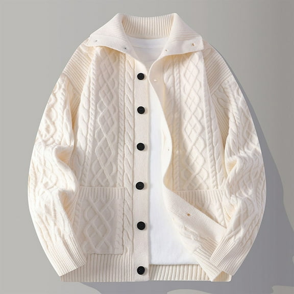 Donemore Teen Boys Casual Loose Fit Solid Color Cable Knit Cardigan with Zipper Front & Button Half Turn Down Collar Pullover Sweater for Winter Outdoor Daily Wear