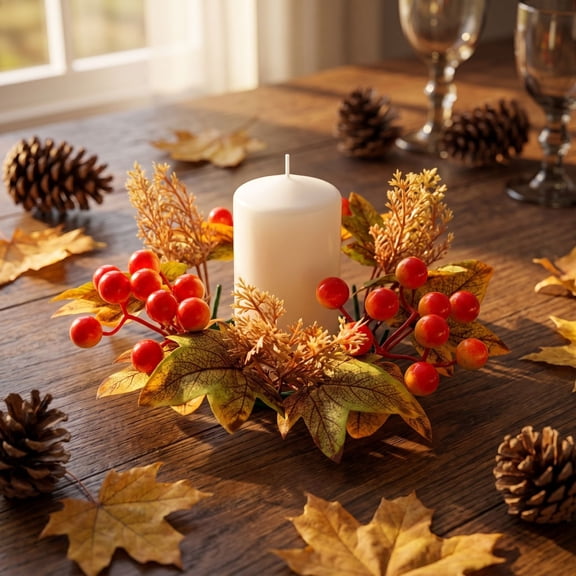 Donemore Thanksgiving Candle Holder Wreath Ring 9.5 Inches Maple Leaf Berry Decoration Fall Harvest Table Centerpiece Home Dining Festive Ornament