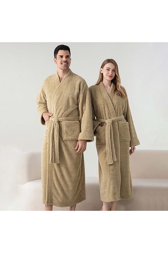 Unisex Fleece-Lined Hooded Bathrobe Belted Oversized Long Sleeve Lounge Robe for Home, Solid Color Polyester Pajamas