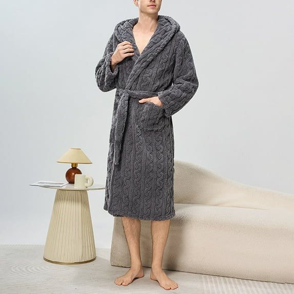 Donemore Unisex Fleece-Lined Hooded Bathrobe Belted Oversized Long Sleeve Lounge Robe for Home, Solid Color Polyester Pajamas