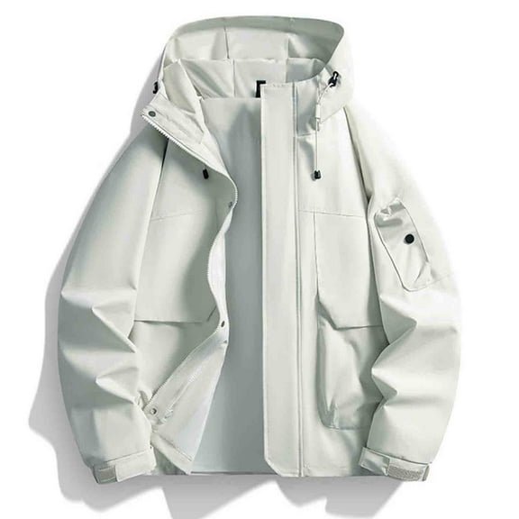 Donemore Unisex Solid Color Windbreaker Jacket - Waterproof Outdoor Zippered Pockets with Drawstring Long Sleeve Hooded Design for Casual Wear