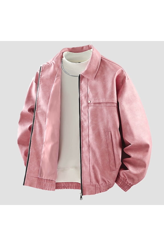 Unisex Zip-Up Collar Leather Jacket Solid Color Windproof Thermal Long Sleeve Hoodless Fashion Pockets Design Sleek Urban Style Outerwear