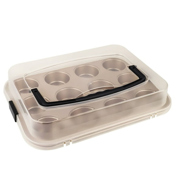 Donepart 12-Cup Gold Nonstick Cupcake Pan with Carry Lid and Handle, Carbon Steel Bakeware for Cupcakes, Muffins, and Party Baking