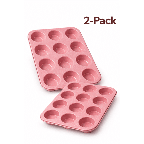 Donepart 12-Cup Muffin Pan Set, 2-Pack Pink Nonstick Carbon Steel Cupcake Baking Pans for Oven Baking