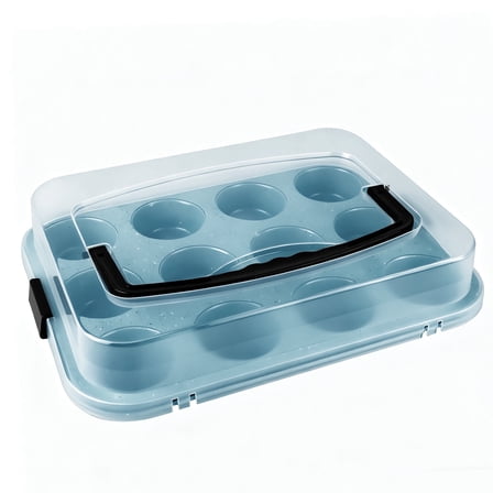 Donepart 12-Cup Nonstick Muffin Pan with Carry Lid and Handle, Blue Speckled Carbon Steel Bakeware for Cupcakes, Muffins, and Party Baking