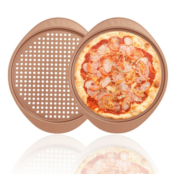 Donepart 13 Inch Perforated Pizza Pan with Handles – Nonstick Carbon Steel Bakeware for Crispy Crust, Oven Baking Tray for Frozen or Homemade Pizza – Easy Grip, Rose Gold Finish