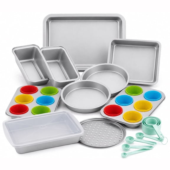 Donepart Nonstick Carbon Steel Baking Set - Heavy-Duty Bakeware Kit with Loaf Pans, Muffin Trays, Pizza Pan & Measuring Tools, Silver 10-Piece Kit