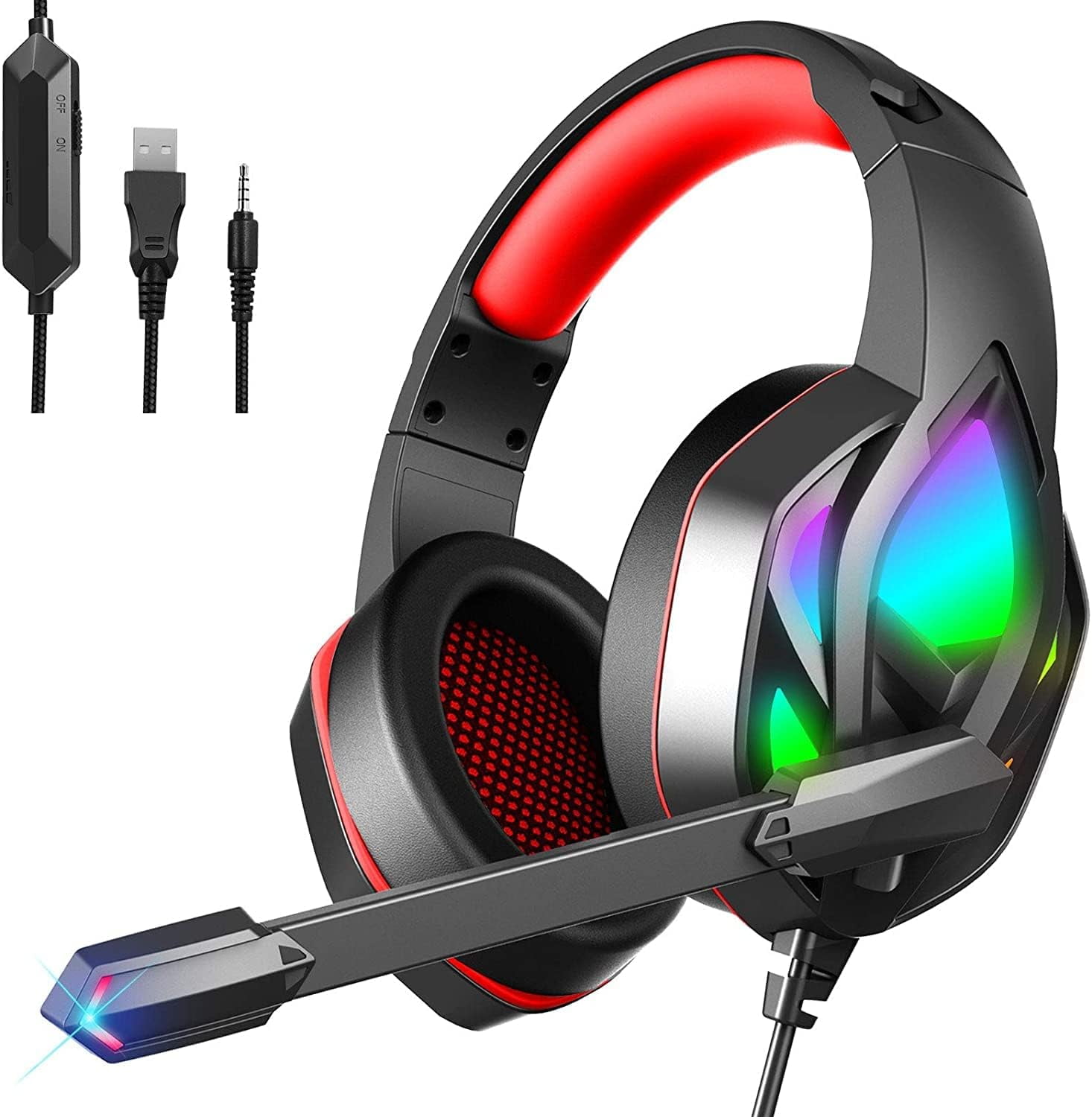 Donerton Gaming Headset Over Ear Gaming Headphones with Noise Canceling Mic Stereo Bass Surround Sound LED Light Soft Memory Earmuffs PC