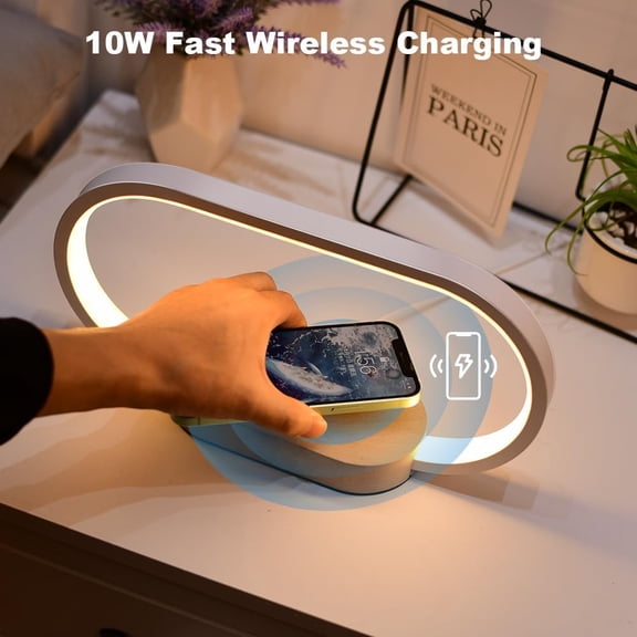 Donewin Wooden Bedside Lamp with 15W Fast Wireless Charger | Touch Control, 3 Color Modes, Clock & Stepless Dimming for Nightstand