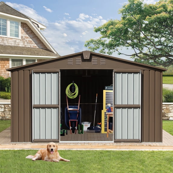 Donext Backyard Storage Shed 11'x 9' with Galvanized Steel Frame & Windows, Outdoor Garden Shed Metal Utility Tool Storage Room with Lockable Door for Patio, Brown