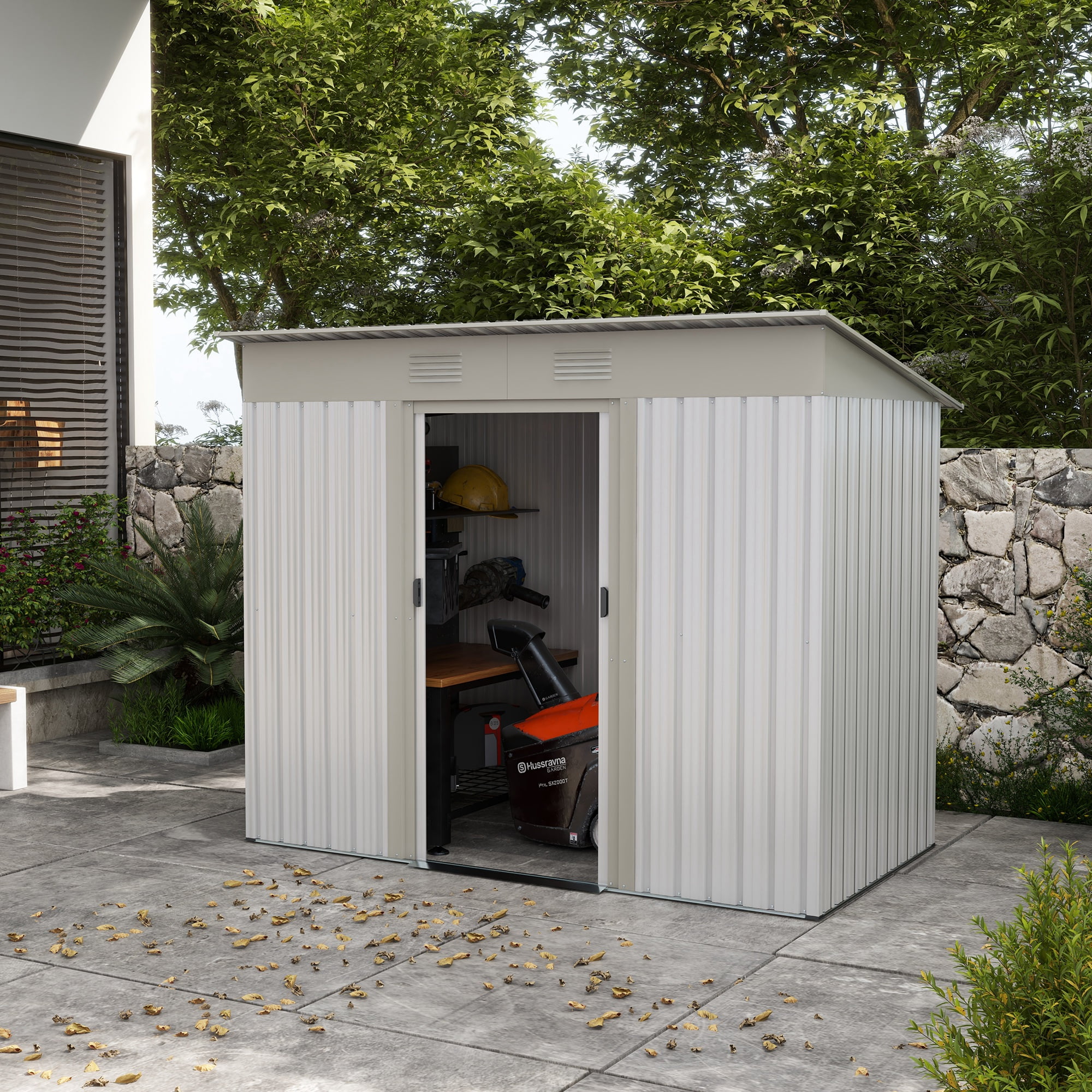 Silver Metal Lean-to Garden Shed with Sliding Doors and Vents
