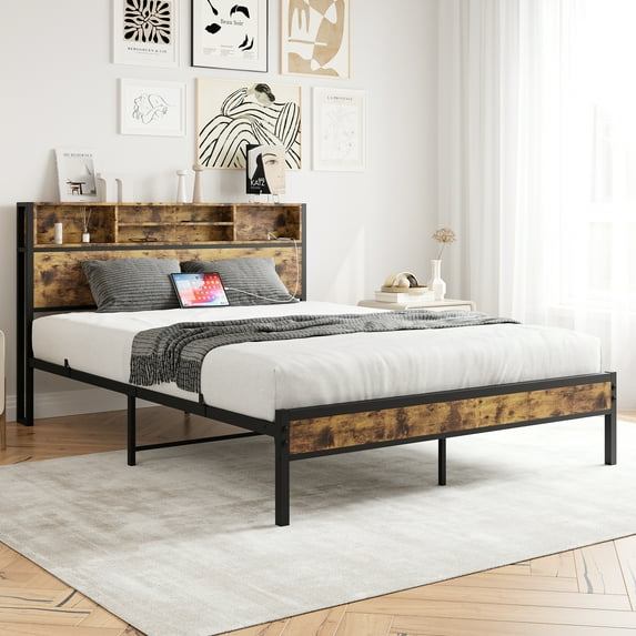 Donext Queen Bed Frame with Storage Headboard, Metal Platform Bed with Charging Station, Bookcase Storage, No Box Spring Needed, Easy Assembly, Noise-Free, Black