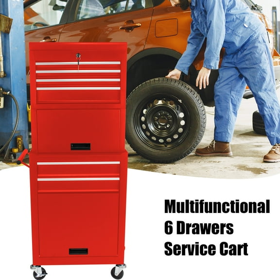 Donext Rolling Tool Chest Metal Tool Box with Wheels Tool Cabinet Portable Tool Box with Wheels High Capacity Rolling Tool Chest with Wheels and Drawers 6-Drawer Tool Storage Cabinet, Red