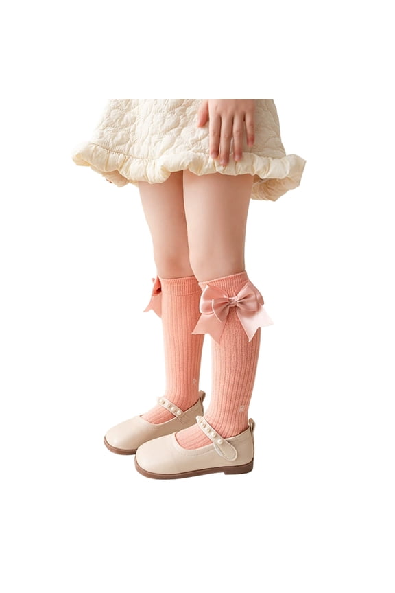 Kids Socks Toddler Girls Large Bow Plain Knee Length Non Grip Stockings For School Durable Breathable Long Socks