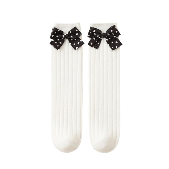 Dongfang Kids Socks Toddler Girls Plain Ribbed Heart Pattern Bowknot Trim Knee-High Socks Daily School Cute Soft Tall Socks