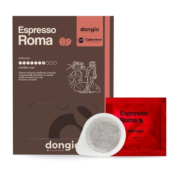 Dongi Caff Espresso Roma - 200 Easy Serving Espresso Pods (ESE 44mm) Med-Dark Roast Coffee (Intensity 7/10) Roasted and Blended in Italy