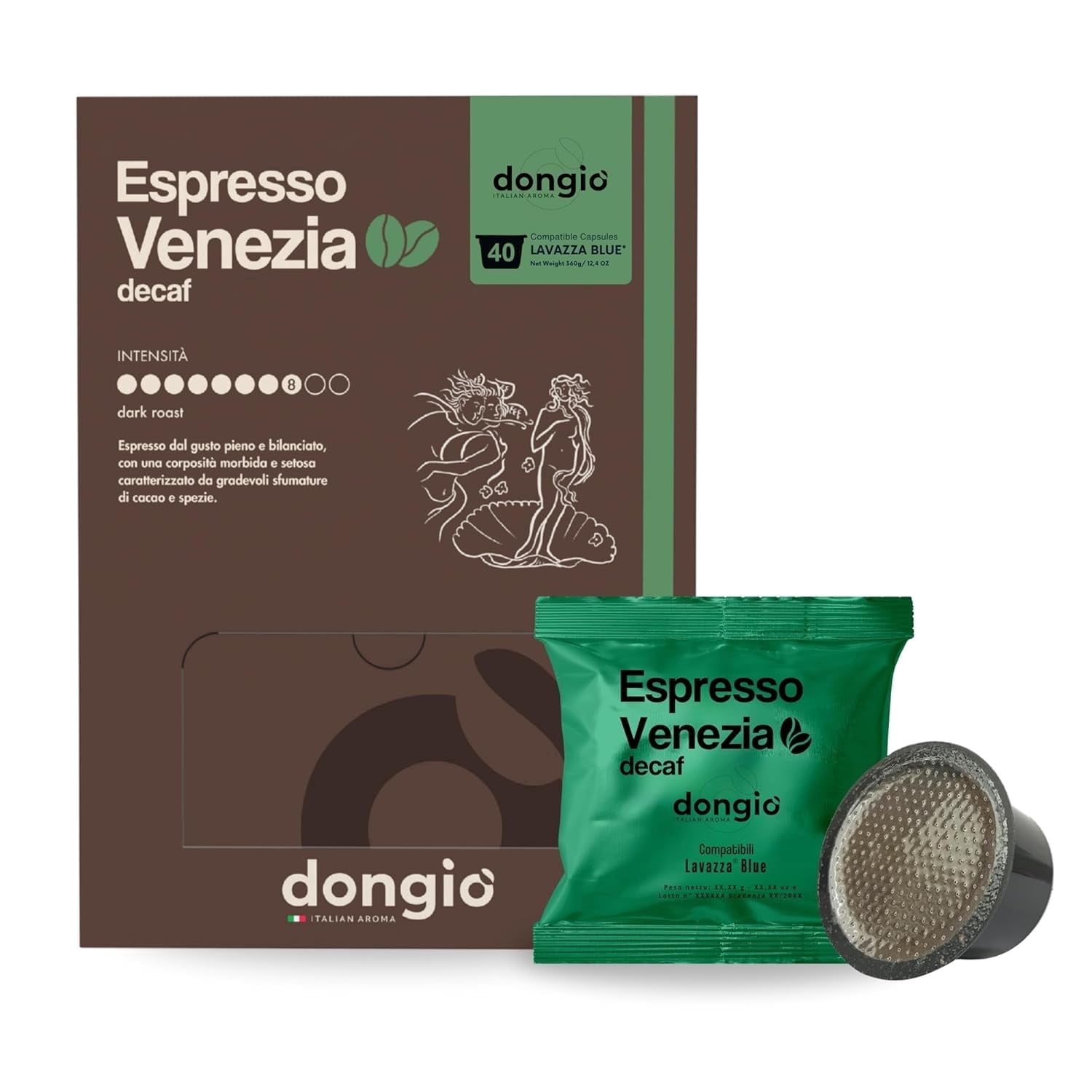 Dongio Caffe Espresso Venezia Decaf – Compatible with Lavazza Blue, Dark Roast Decaffeinated Espresso Capsules, 40 Count
