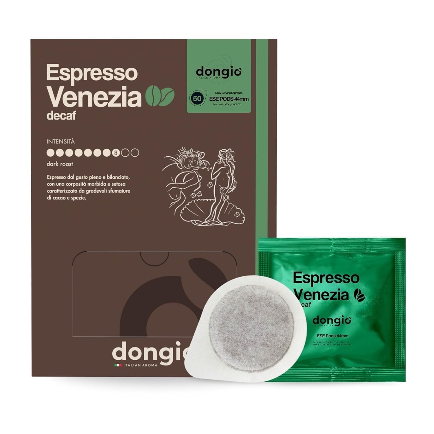 Dongio Caffe Espresso Venezia Decaf – ESE 44mm Espresso Pods, Dark Roast, 50 Count