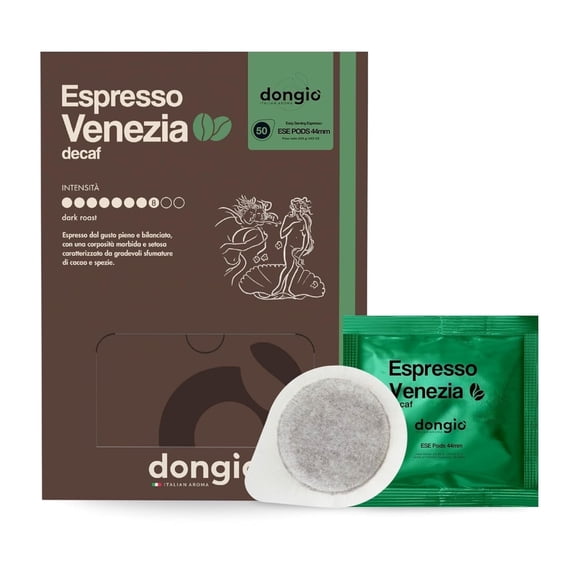 Dongio Caffe Espresso Venezia Decaf ESE 44mm Espresso Pods, Dark Roast, 50 Count