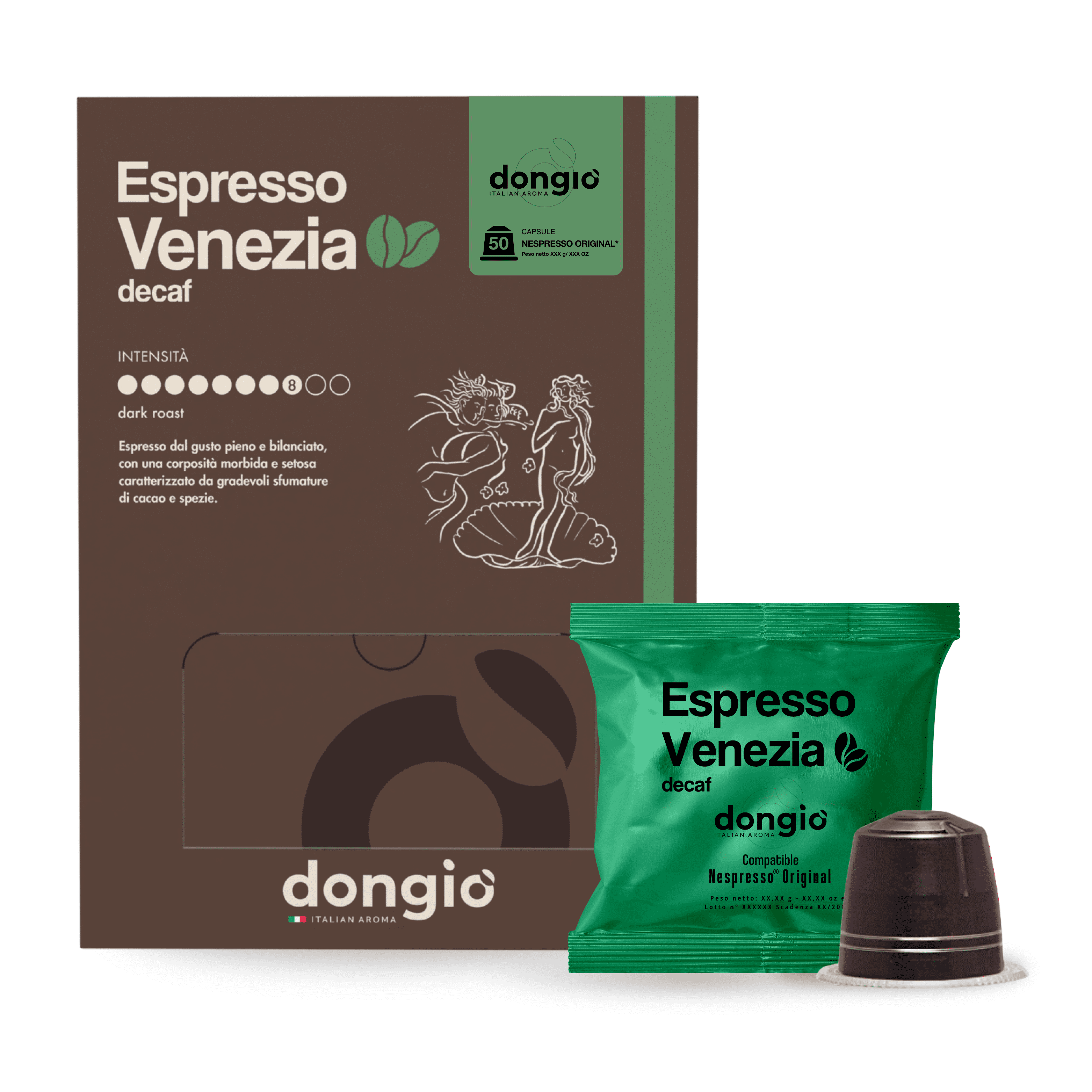 Dongio Caffe Espresso Venezia (decaf) – Nespresso Original Compatible Capsules, Italian Dark Roast Decaffeinated, 50 Count