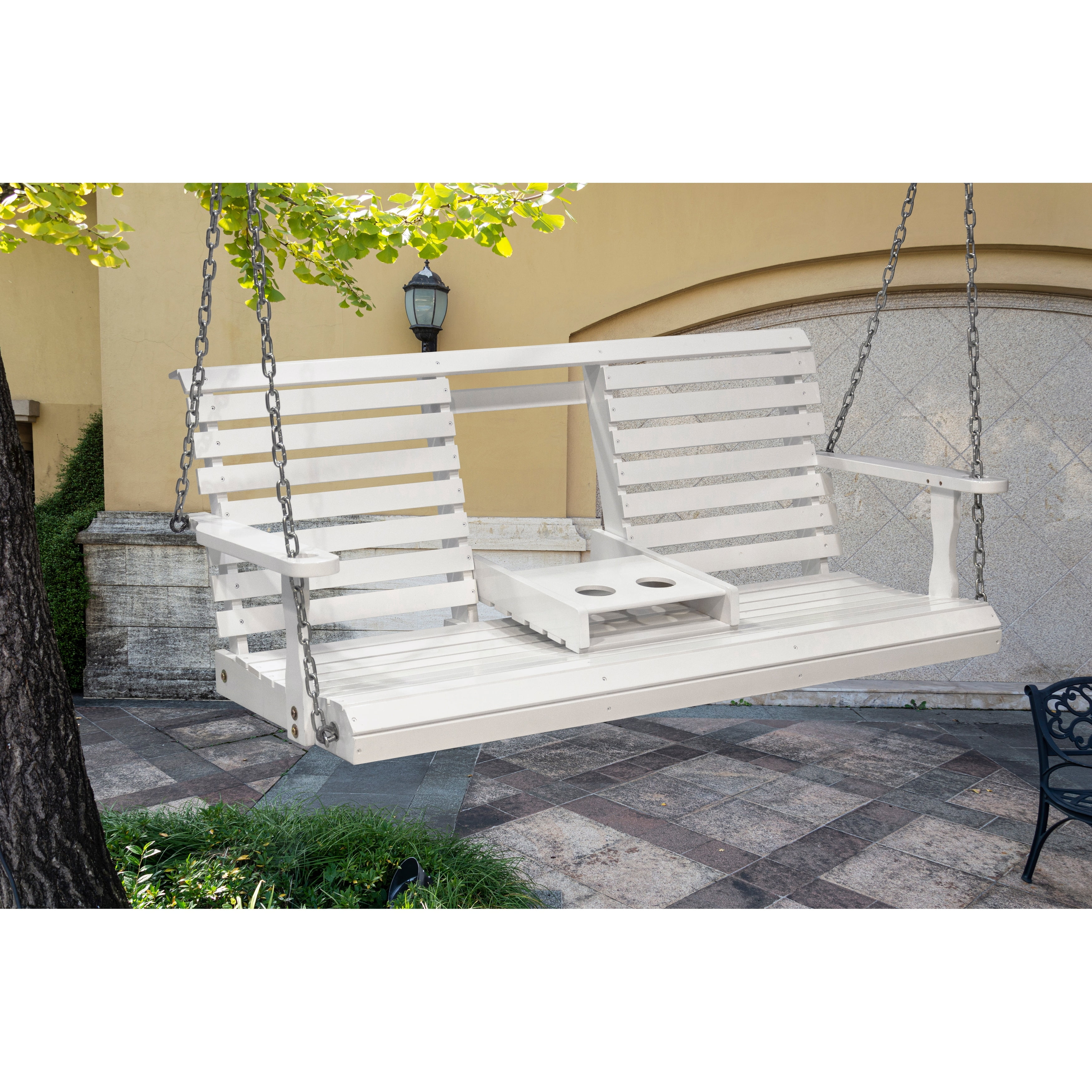 White Poplar Wood 2-Person Outdoor Porch Swing with Cup Holders