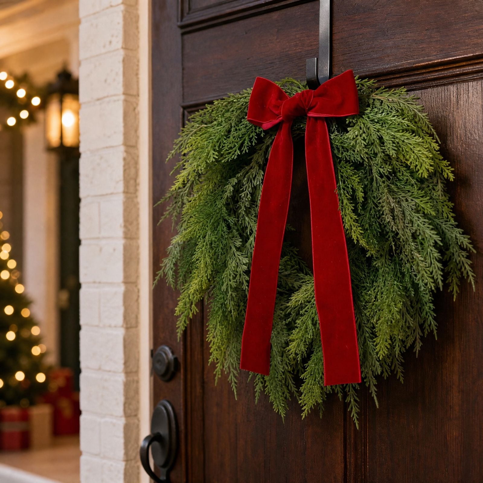 Fake Ruby Large Dongrens Christmas Decorations - Artificial Cedar Wreath with Red Bow ...