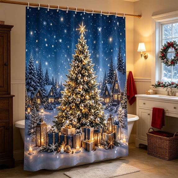 Dongrens Christmas Shower Curtain, Winter Xmas Tree Printed Waterproof Bath Curtain with Hooks for Bathroom Home Holiday Decor, 59x71 Inch
