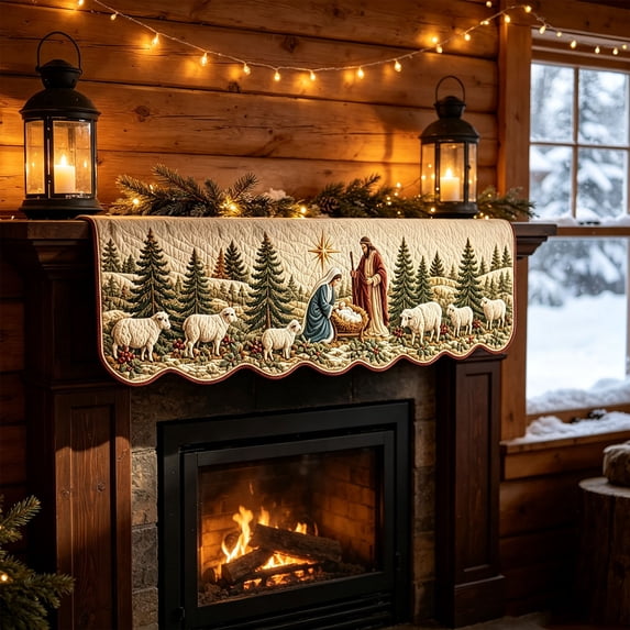Dongrens Nativity Scene Christmas Mantel Scarf, Holy Family Fireplace Decoration, 18x74.8 Inch