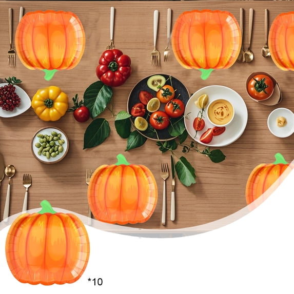Dongrere 10 Pcs Pumpkin Shaped Paper Plates, Fall Disposable Dinner Plates for Thanksgiving Halloween Party Use, 7x7.3 Inch, A