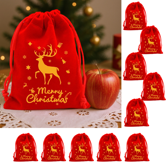 Dongrere 10 Pcs Red Velvet Drawstring Gift Pouches, Mini Candy Treat Bags for Christmas Party Favor Holiday Use, 7.8x5.9 Inch, A