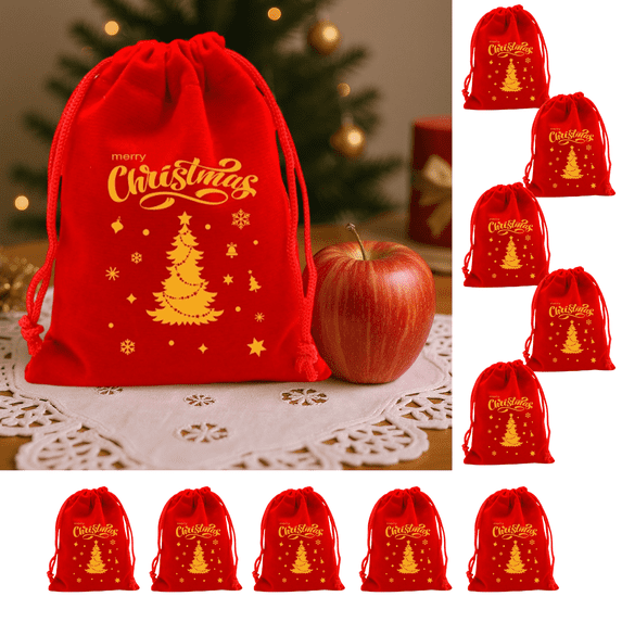 Dongrere 10 Pcs Red Velvet Drawstring Gift Pouches, Mini Candy Treat Bags for Christmas Party Favor Holiday Use, 7.8x5.9 Inch, C