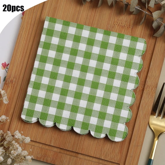 Dongrere 20 Pcs Paper Napkins Scalloped Edge Gingham Napkins for Halloween Thanksgiving Christmas Party Supplies, 5x5 Inch, Green