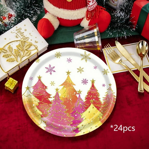 Dongrere 24-Count Printed Plates for Party 7 Inch Decorative Plates for Christmas Disposable Dinner Plates for Winter Party Supplies