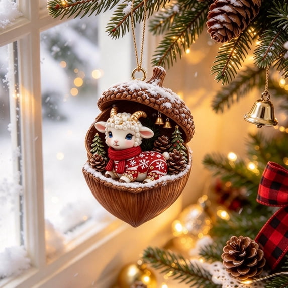Dongrere 2D Goat Acorn Ornament, Acrylic Christmas Hanging Ornament for Xmas Tree Cabin Holiday Decor, 3.15"