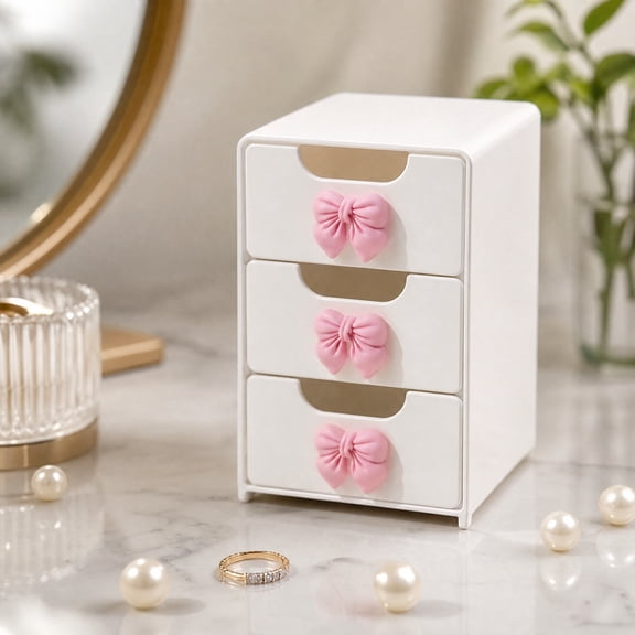Dongrere 3-Drawer Mini Desktop Organizer, Small Plastic Storage Box with Pink Bow, Organizer Drawer Box for Stationery Bedroom Countertop, 3x3.5x5.1 Inch