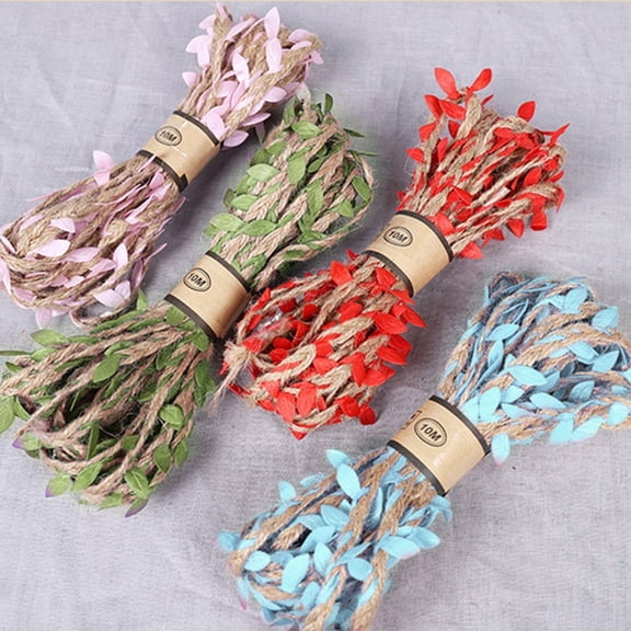 Dongrere 32.8 Ft Burlap Leaf Ribbon, Artificial Leaf Jute Twine, Hemp Rope with Fake Green Leaves for Gift DIY Craft Wedding Home Decor, Red