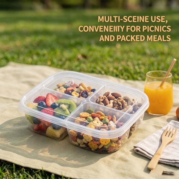 Dongrere 4 Compartment Plastic Snack Container, Divided Portable Food Tray, Food Storage Container for Picnic Lunch Fruit Storage, 6.4x4.9x1.9 Inch