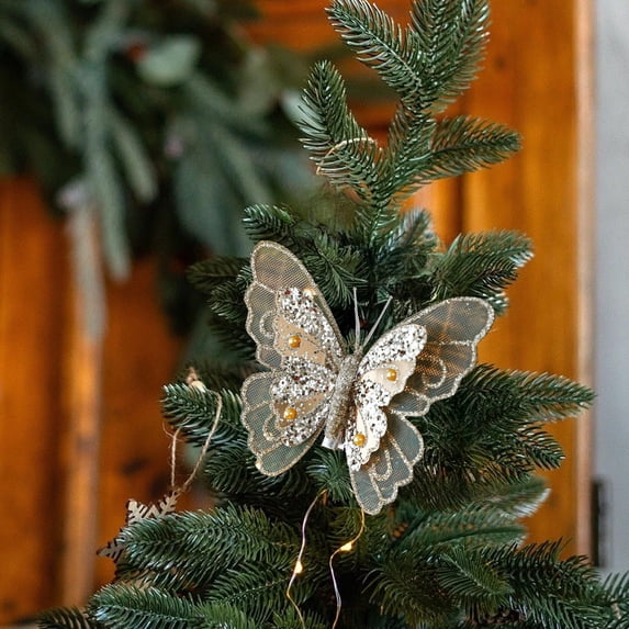 Dongrere 4 Pcs Glitter Butterfly Clips Floral Butterfly Picks for Christmas Tree Wreath Holiday Decor, Gold