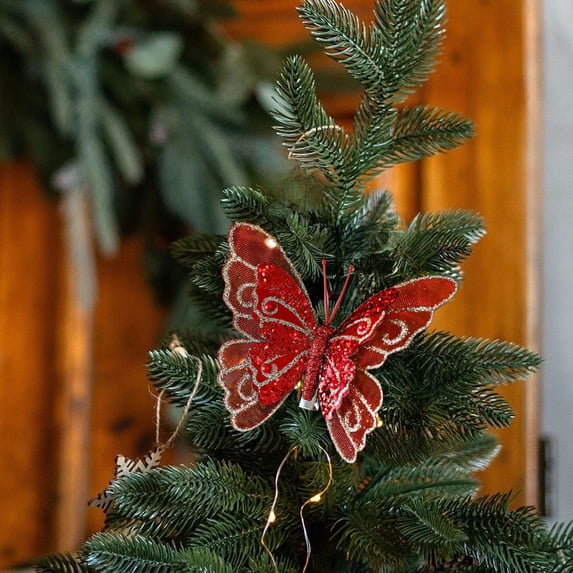 Dongrere 4 Pcs Glitter Butterfly Clips Floral Butterfly Picks for Christmas Tree Wreath Holiday Decor, Red