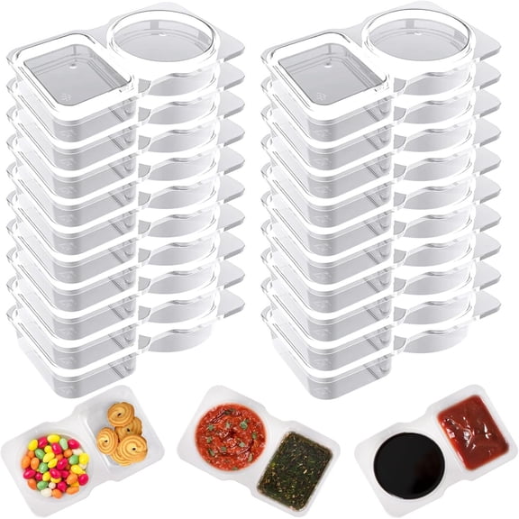 Dongrere 40 Pcs Clear Disposable Sauce Cups with Lids, Plastic 2 Compartment Portion Cups, Condiment Container for Dressing Ketchup Dipping Oil