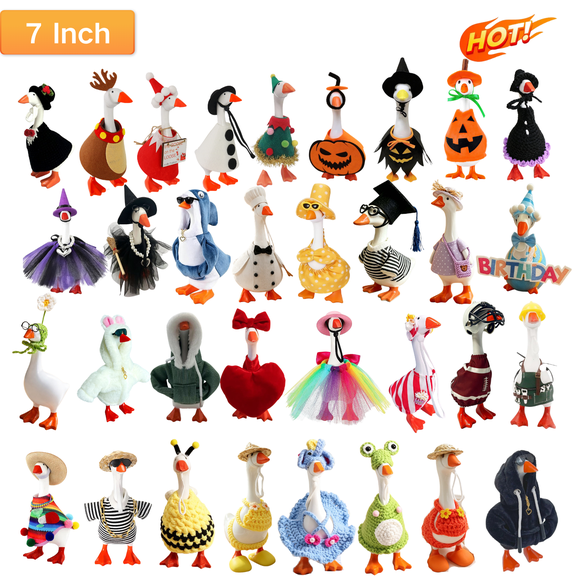 Dongrere 7" Desk Goose Outfits with Knit Flower Hat Glasses Sign, Mini Goose Ornament for Home Office Bedroom Desktop Decor Gift