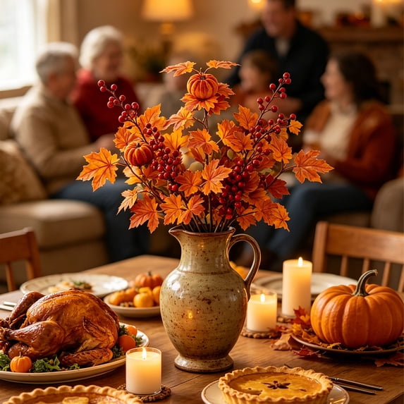 Dongrere Artificial Fall Branch with Maple Leaf & Pumpkin, Faux Autumn Decorative Stems for Thanksgiving Halloween Mantel Home Table Decor, 23.6 Inch, C